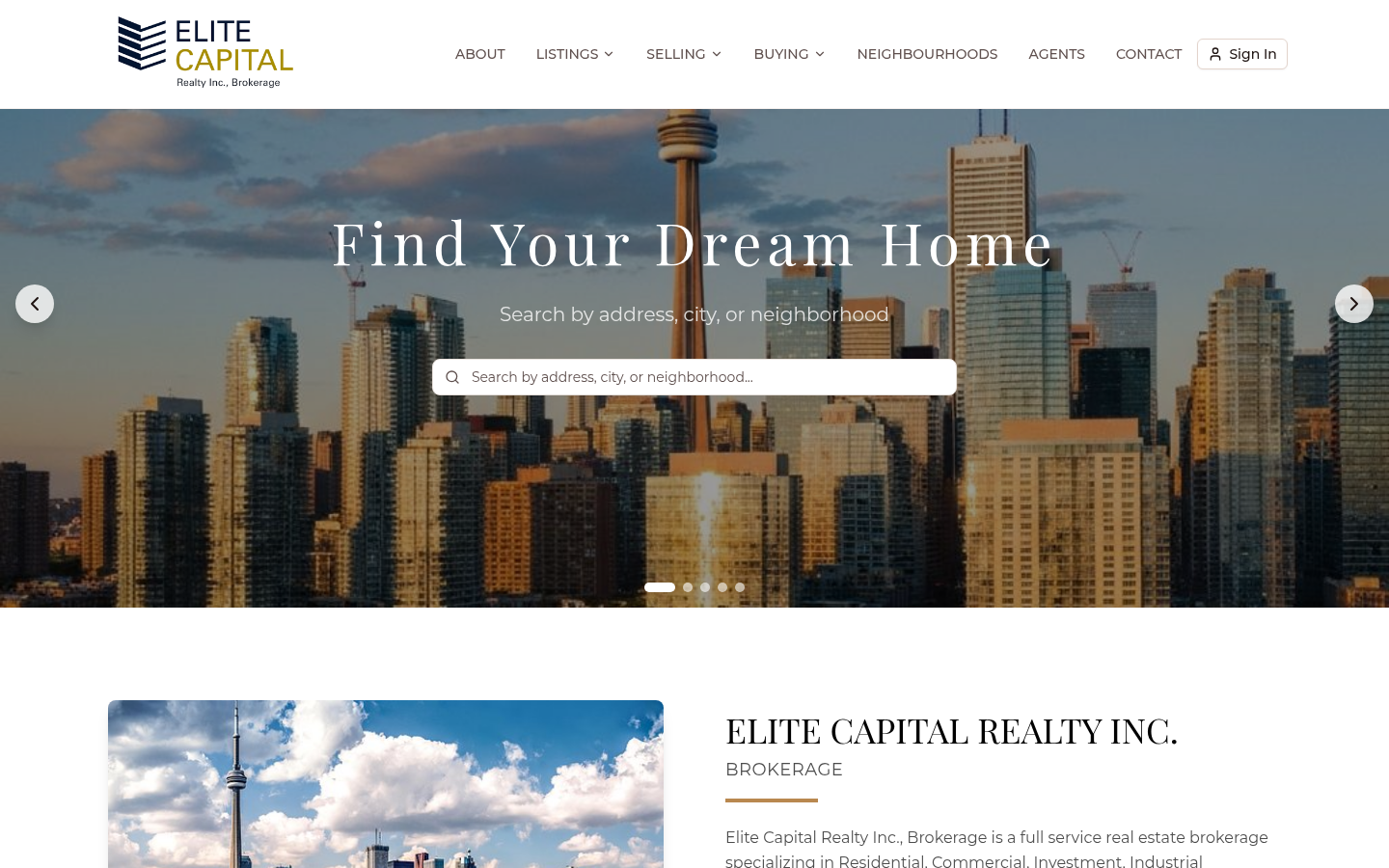 Screenshot of Elite Capital Realty's real estate website